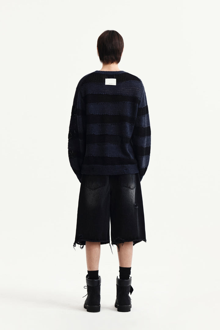 Matin Kim Texture Block Stripe Knit Pullover — Navy blue