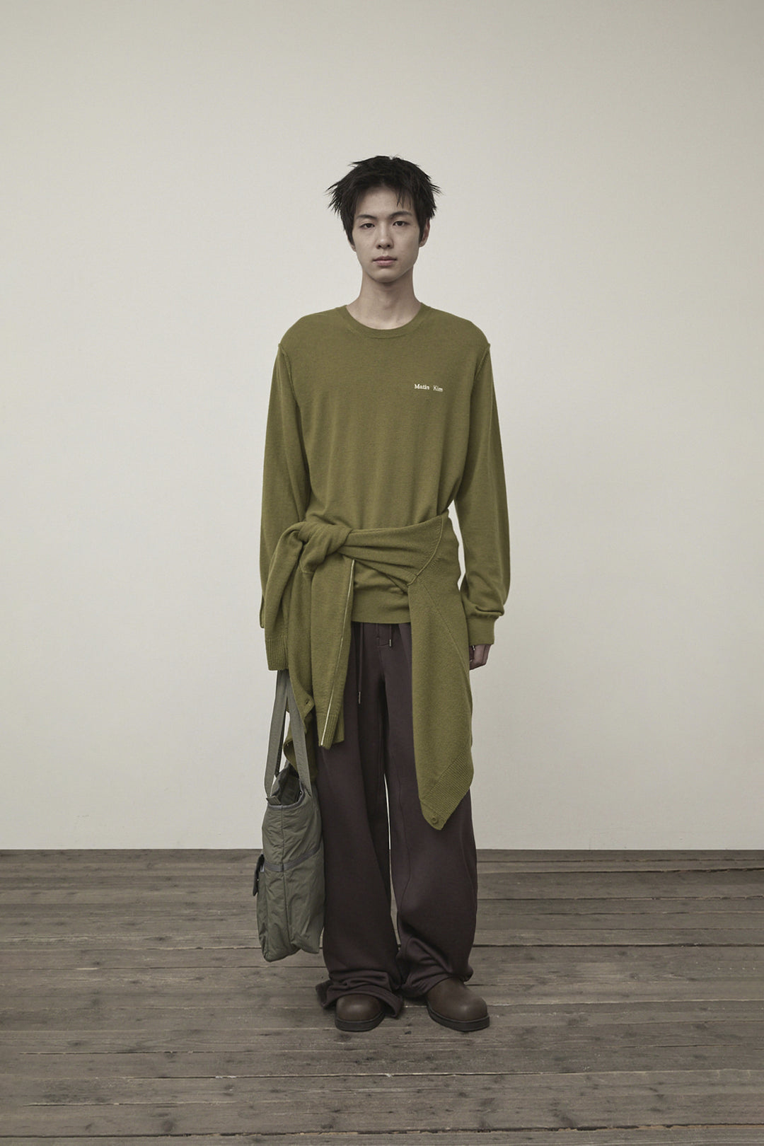 Matin Kim Cashmere Blended Round Knit Cardigan — Olive