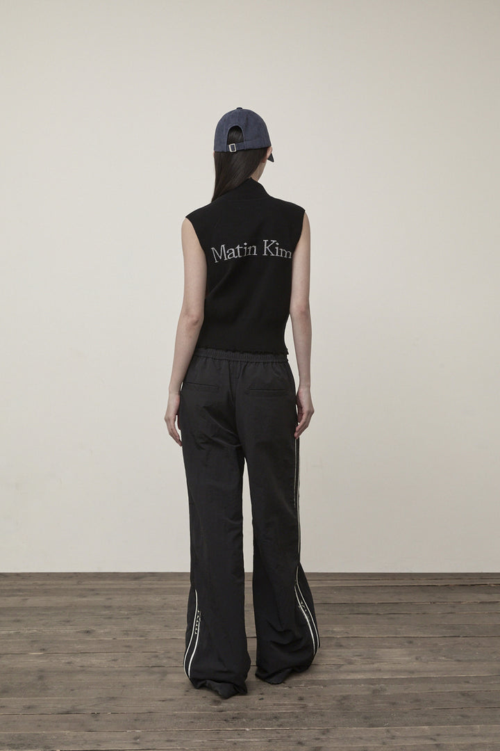 Matin Kim High Neck Logo Knit Zip Vest — Black