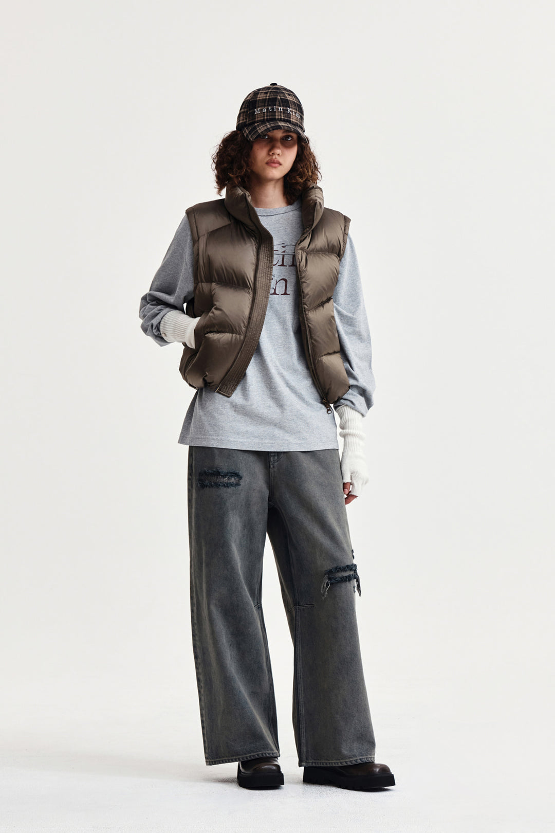 Matin Kim Back Logo Wide Denim — Smoke — Blue