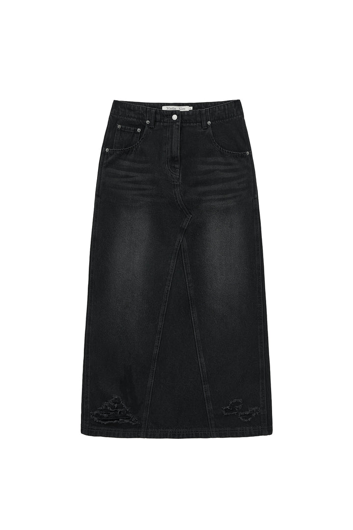 Matin Kim Damage Point Long Denim Skirt — Black