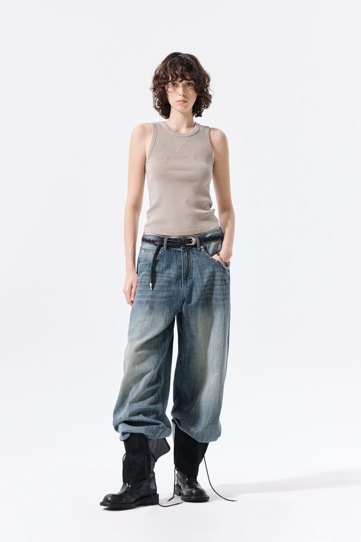 Matin Kim Distressed Sleeveless Logo Top — Beige