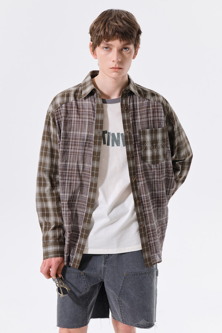 Matin Kim Mixed Check Overfit Shirt — Brown