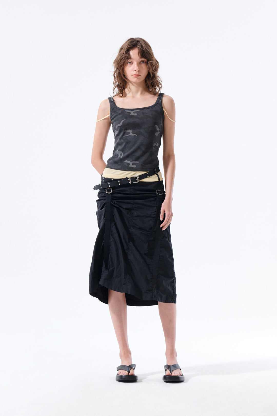 Matin Kim Nylon Shirring Midi Skirt — Black