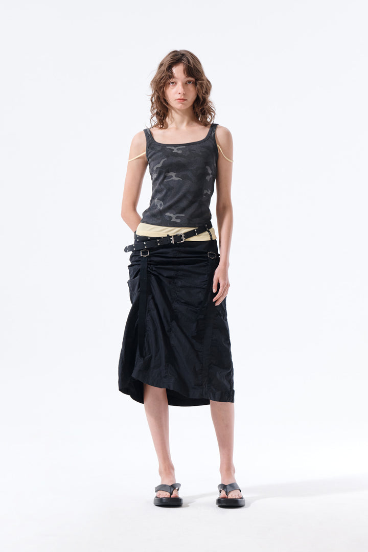 Matin Kim Nylon Shirring Midi Skirt — Black