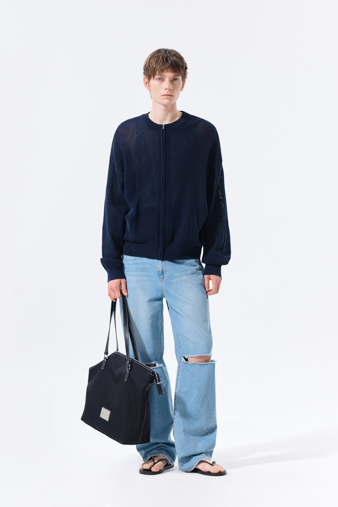 Matin Kim Back Logo Jacquard Mesh Knit Zip — Navy blue