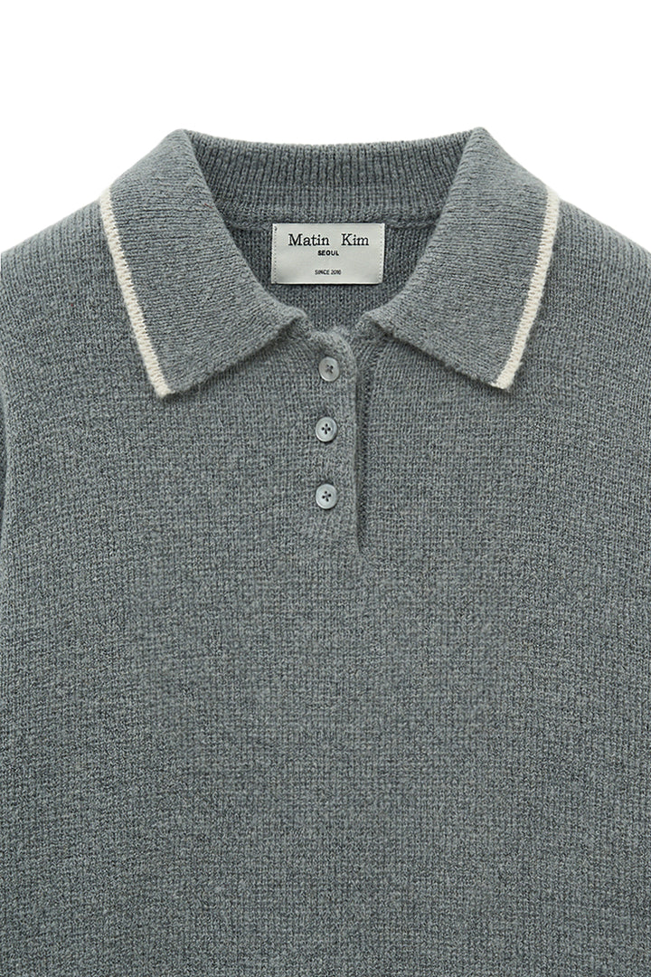 Matin Kim Back Logo Collar Knit Top — Gray