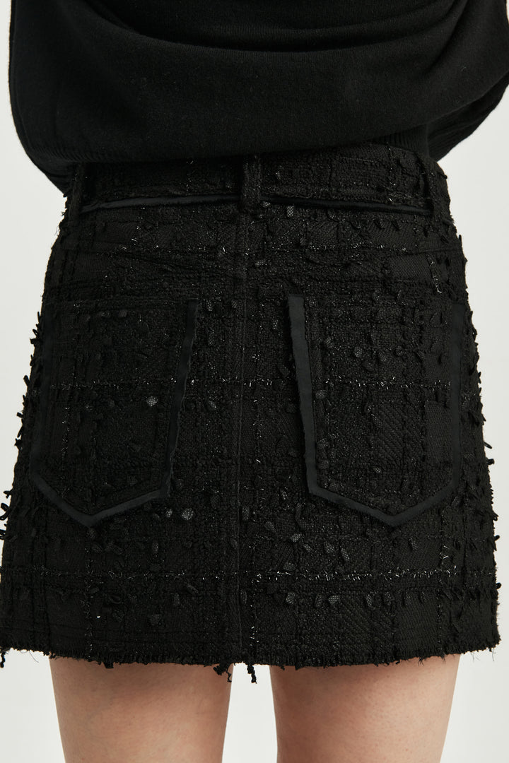 KIMMATIN Cut Point Tweed Mini Skirt — Black