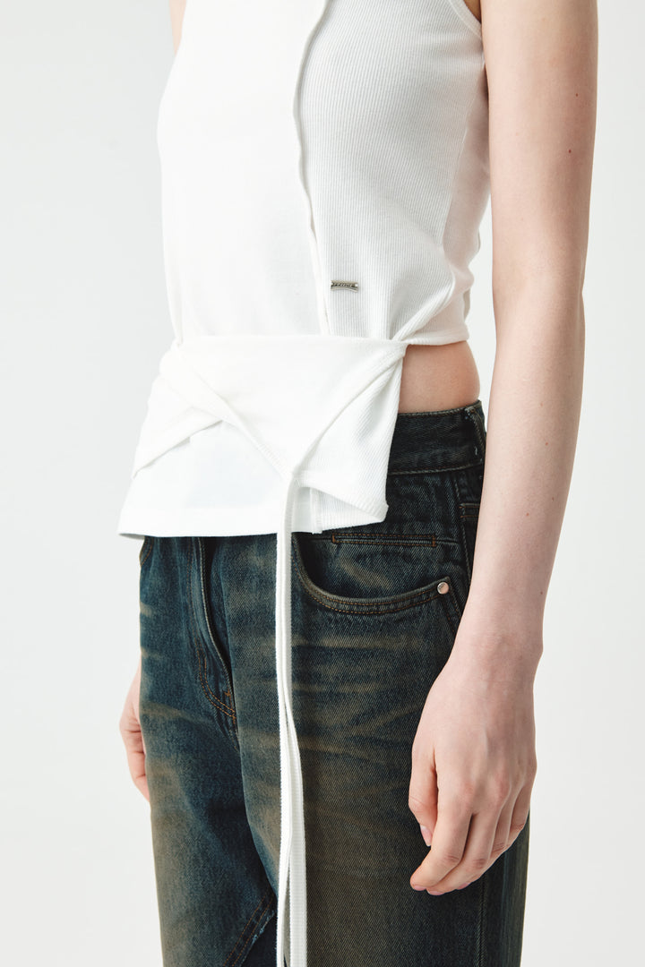 KIMMATIN Back Twist Unbalance Jersey Sleeveless — White