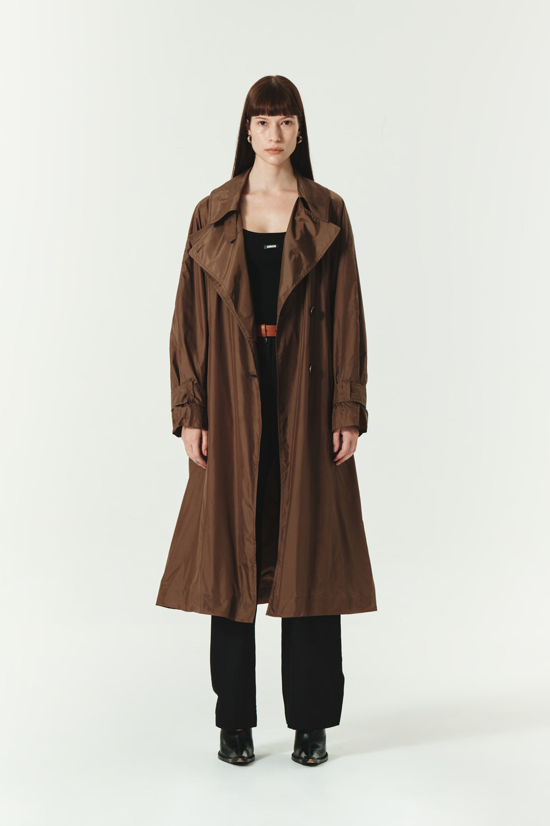 KIMMATIN Raglan Belted Nylon Trench Coat — Brown
