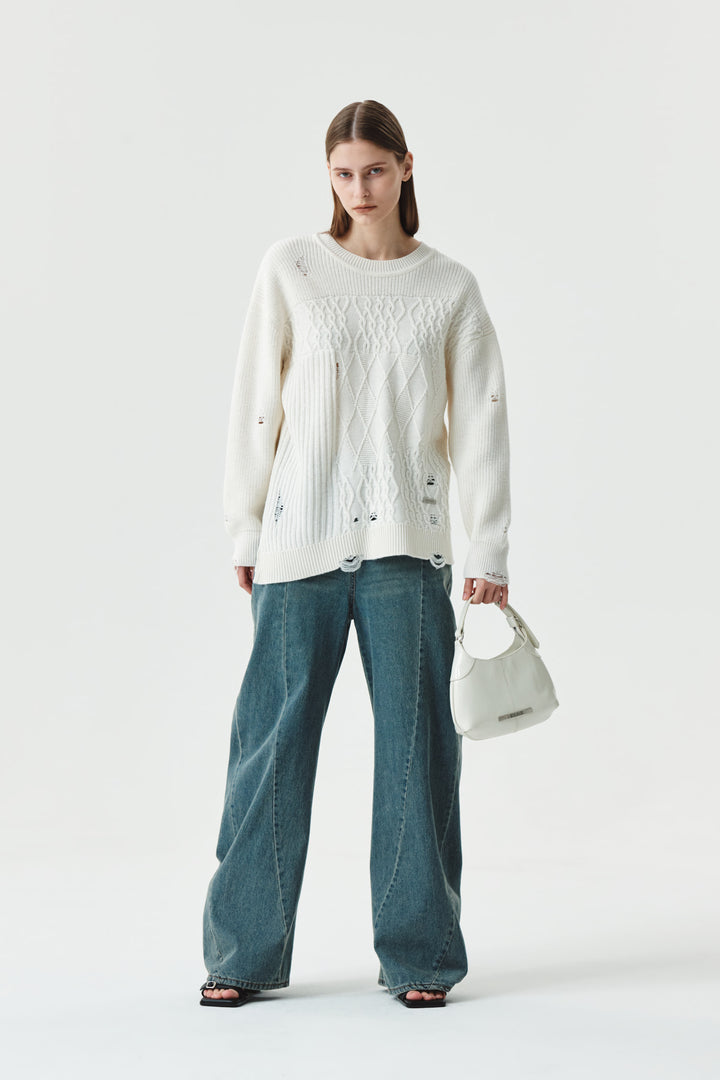 KIMMATIN Cable Mix Damage Knit Pullover — Ivory