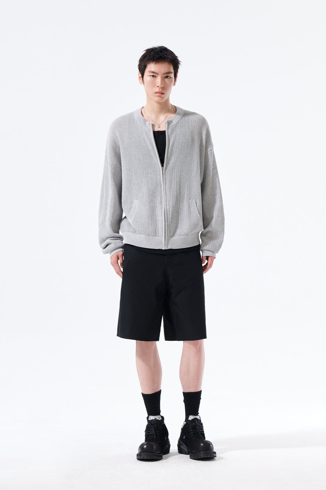 Matin Kim Back Logo Jacquard Mesh Knit Zip — Light Grey