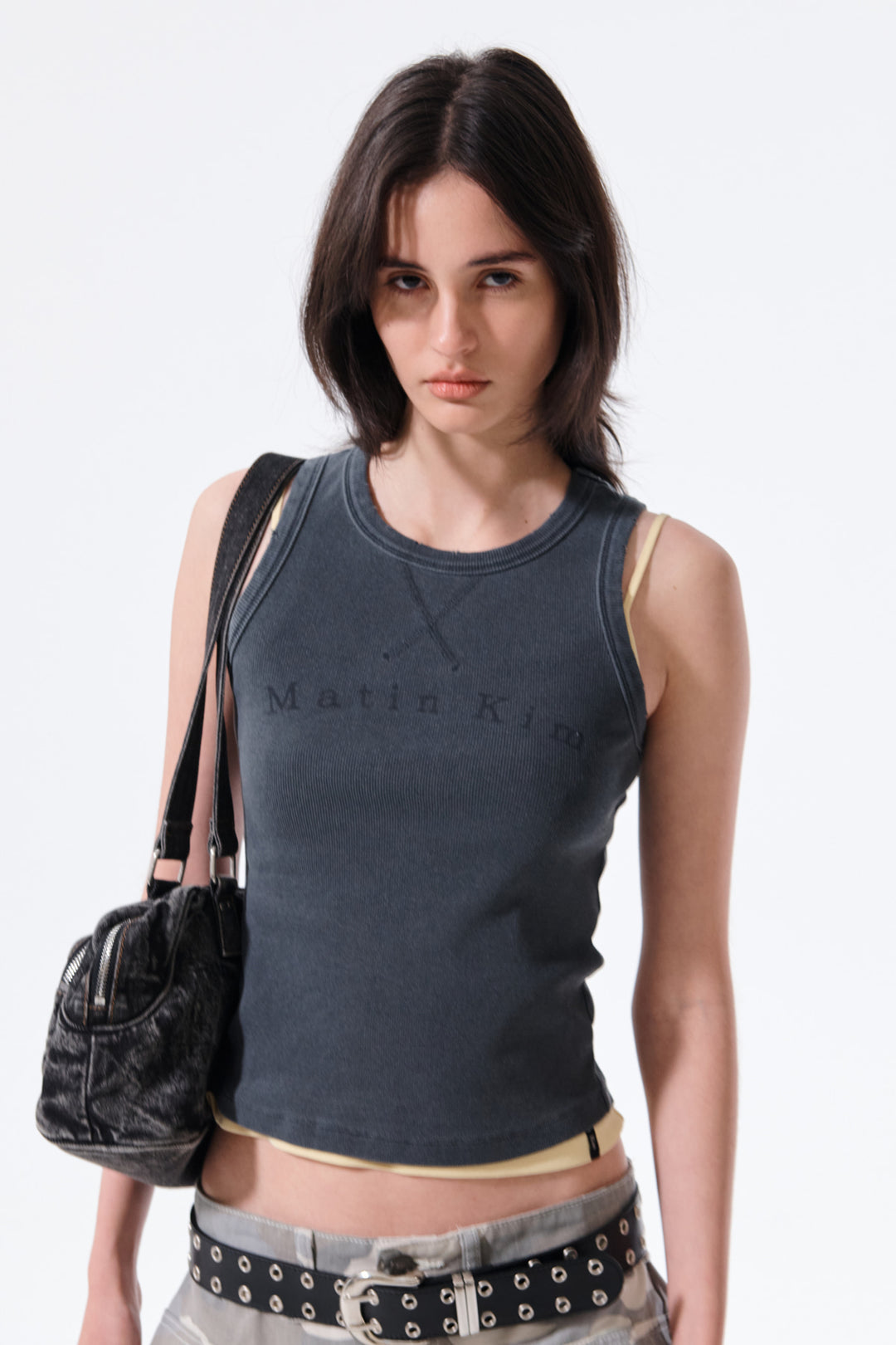 Matin Kim Distressed Sleeveless Logo Top — Charcoal