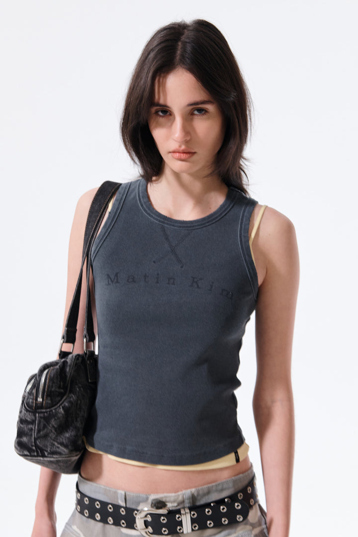 Matin Kim Distressed Sleeveless Logo Top — Charcoal