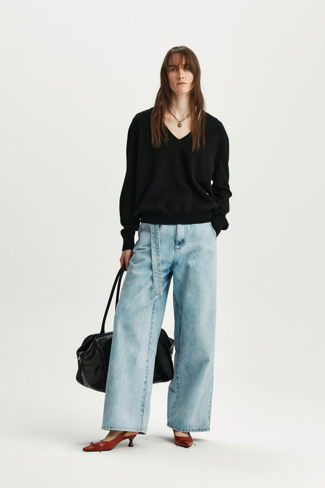 KIMMATIN Unbalance Belted Denim Pants — Light Blue