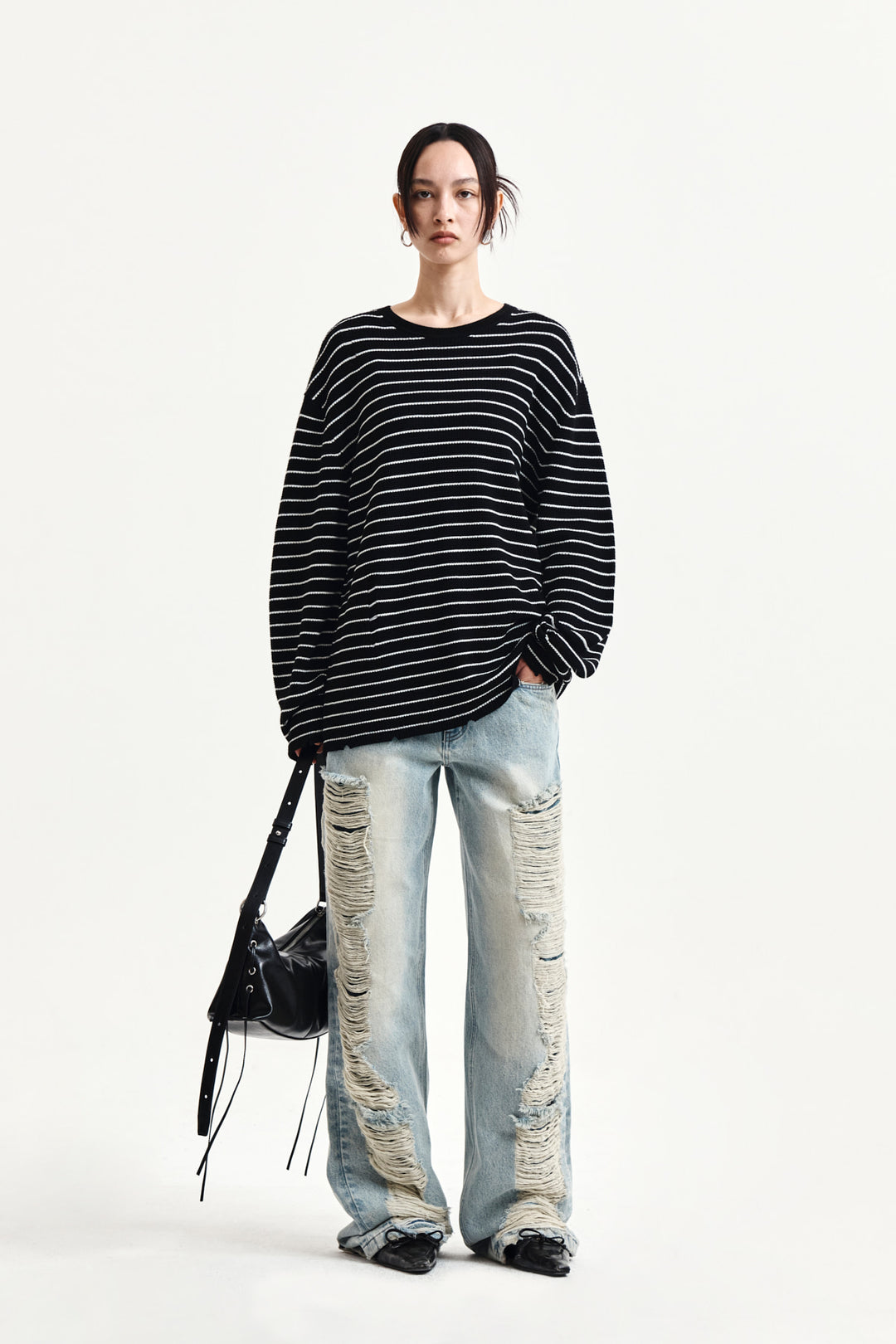 Matin Kim Stripe Damaged Loose Pullover — Black