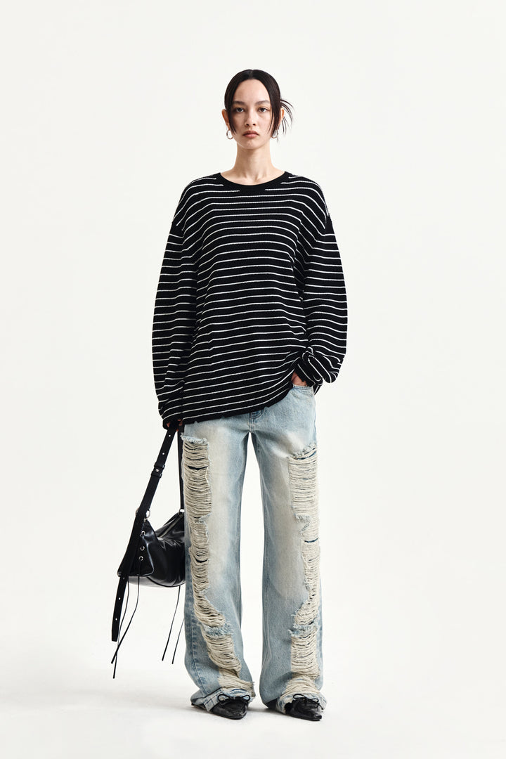 Matin Kim Stripe Damaged Loose Pullover — Black