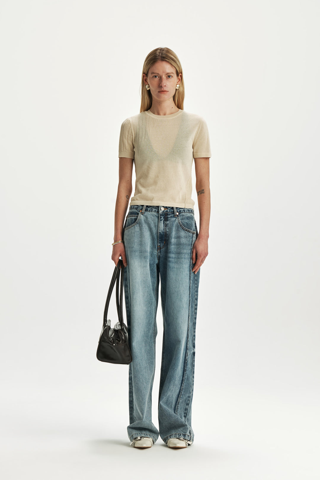 KIMMATIN Sheer Half Sleeve Knit Top — Ivory