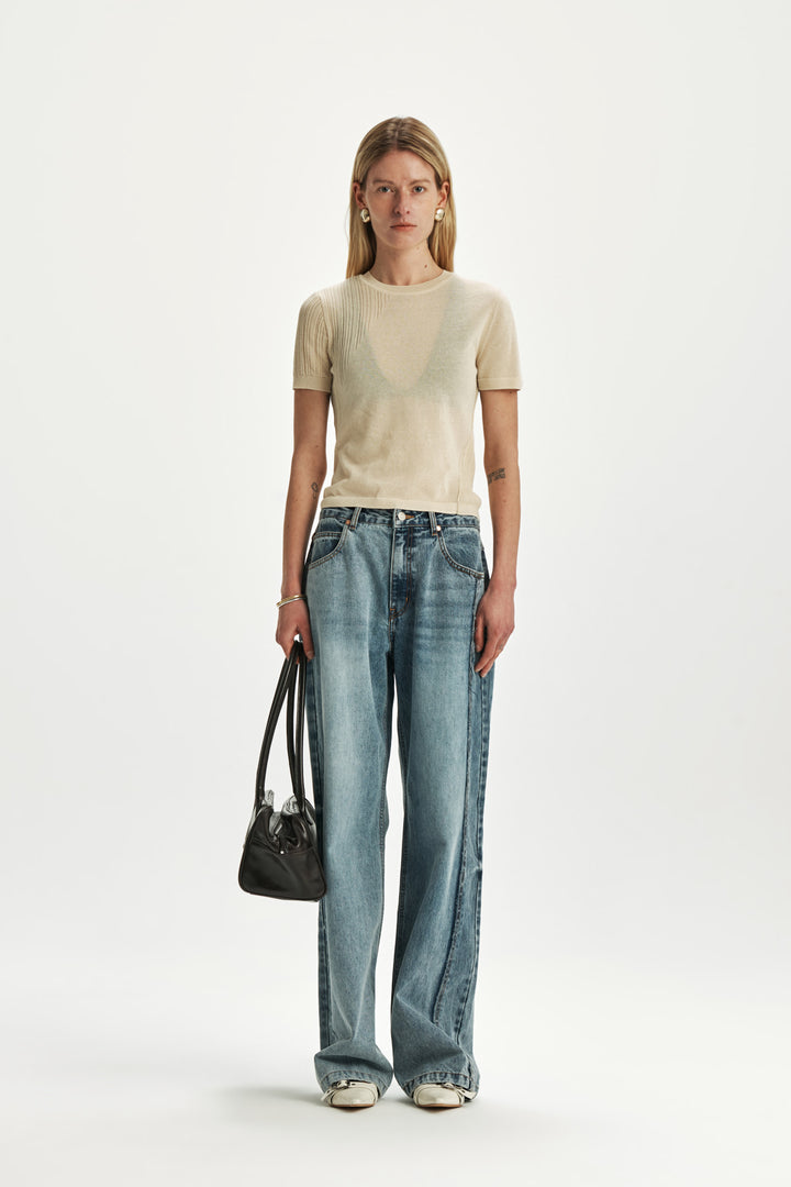 KIMMATIN Sheer Half Sleeve Knit Top — Ivory