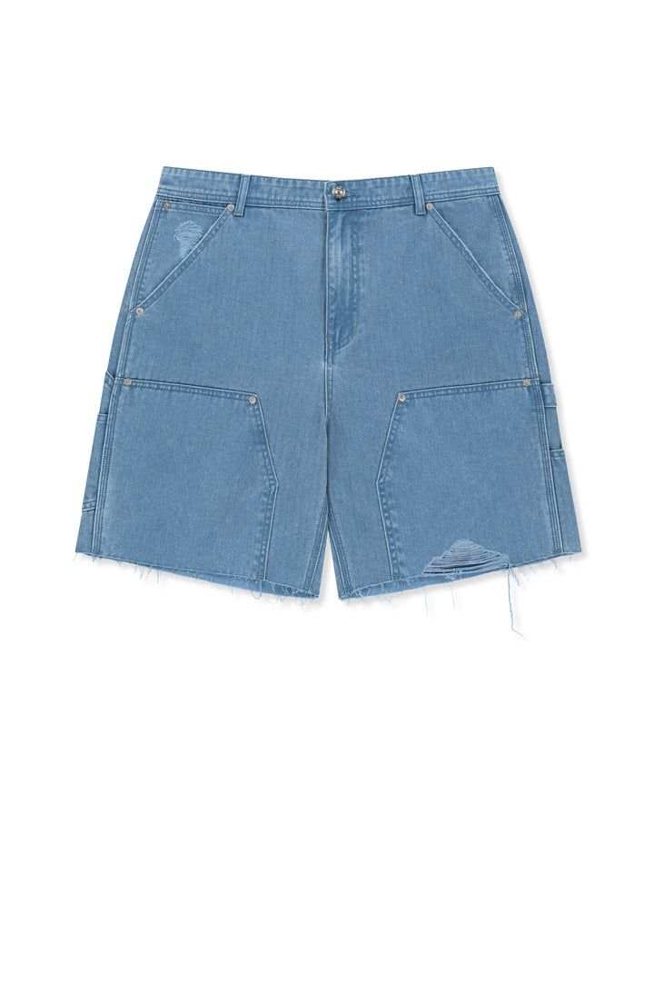 Matin Kim Herringbone Raw Cut Denim Shorts — Light Blue