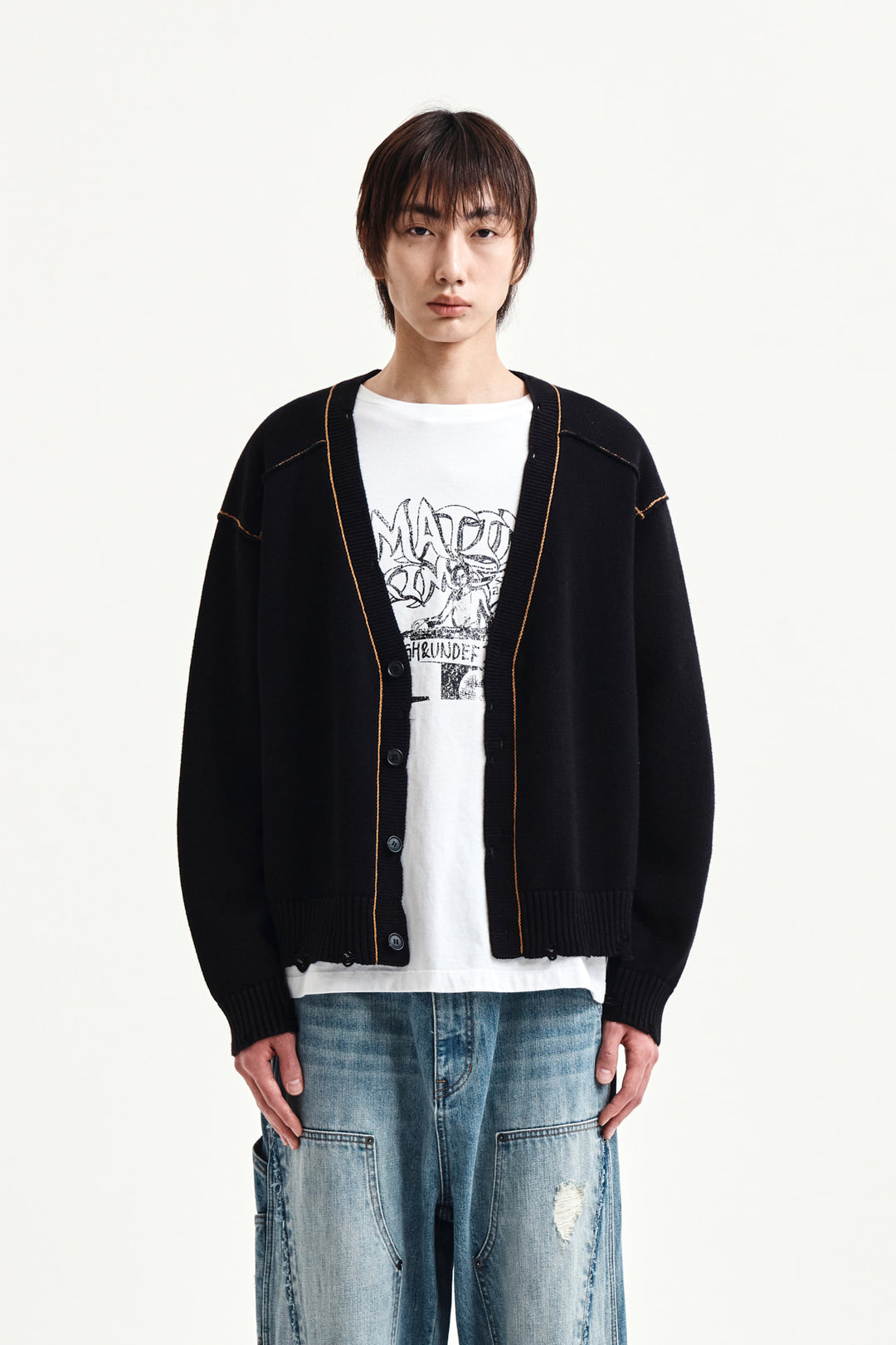 Matin Kim Back Logo Line Point Knit Cardigan — Black