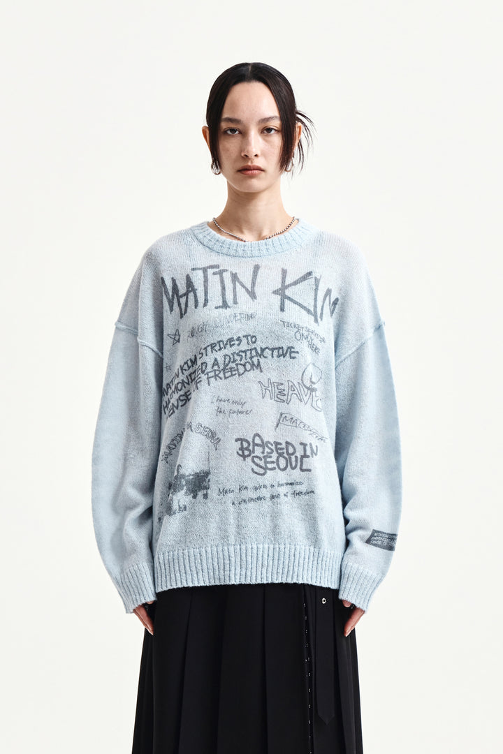 Matin Kim Graffiti Artwork Knit Pullover — Light Blue