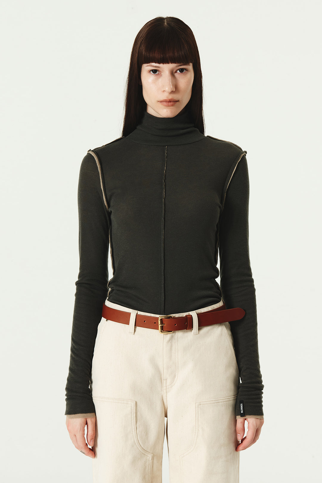 KIMMATIN Cut Line Point Turtle Neck Slim Top — Charcoal