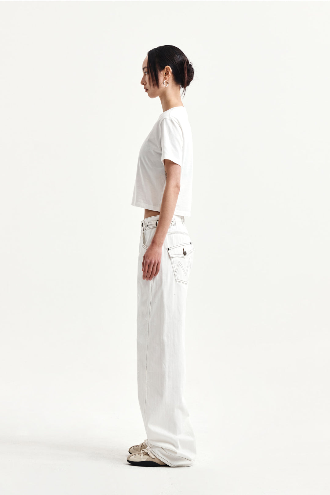 Matin Kim Waist Buckle Stitch Twill Denim — Ivory