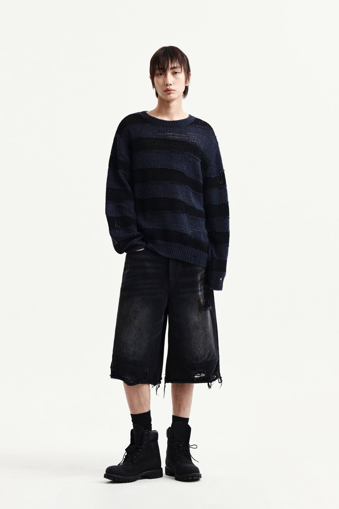 Matin Kim Texture Block Stripe Knit Pullover — Navy blue
