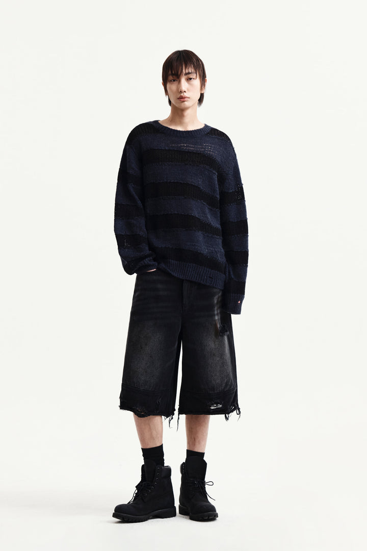 Matin Kim Texture Block Stripe Knit Pullover — Navy blue