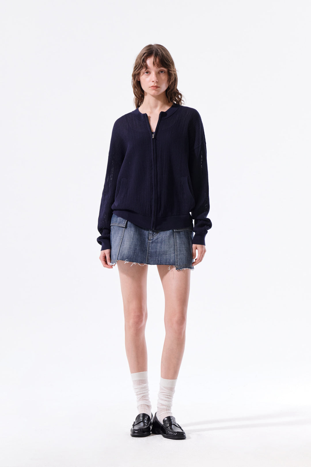 Matin Kim Back Logo Jacquard Mesh Knit Zip — Navy blue