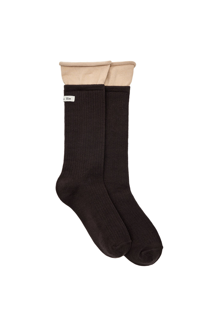 Matin Kim Two Tone Layered Socks — Brown