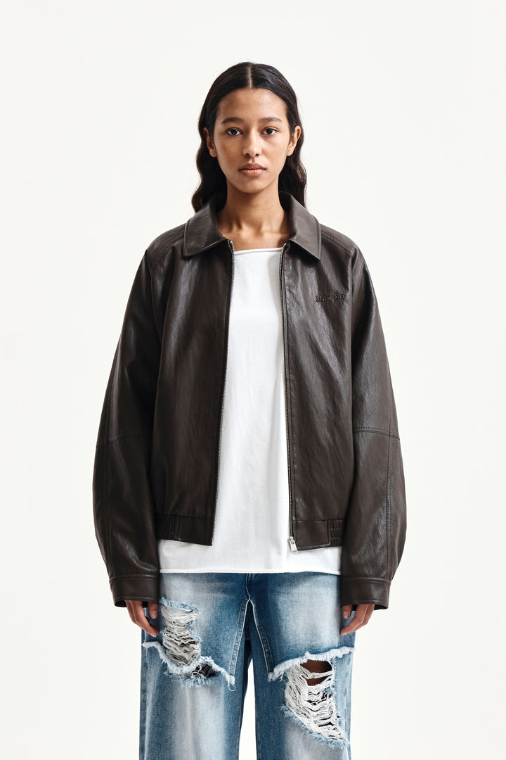 Matin Kim Small Logo Faux Leather Zip-Up — Brown