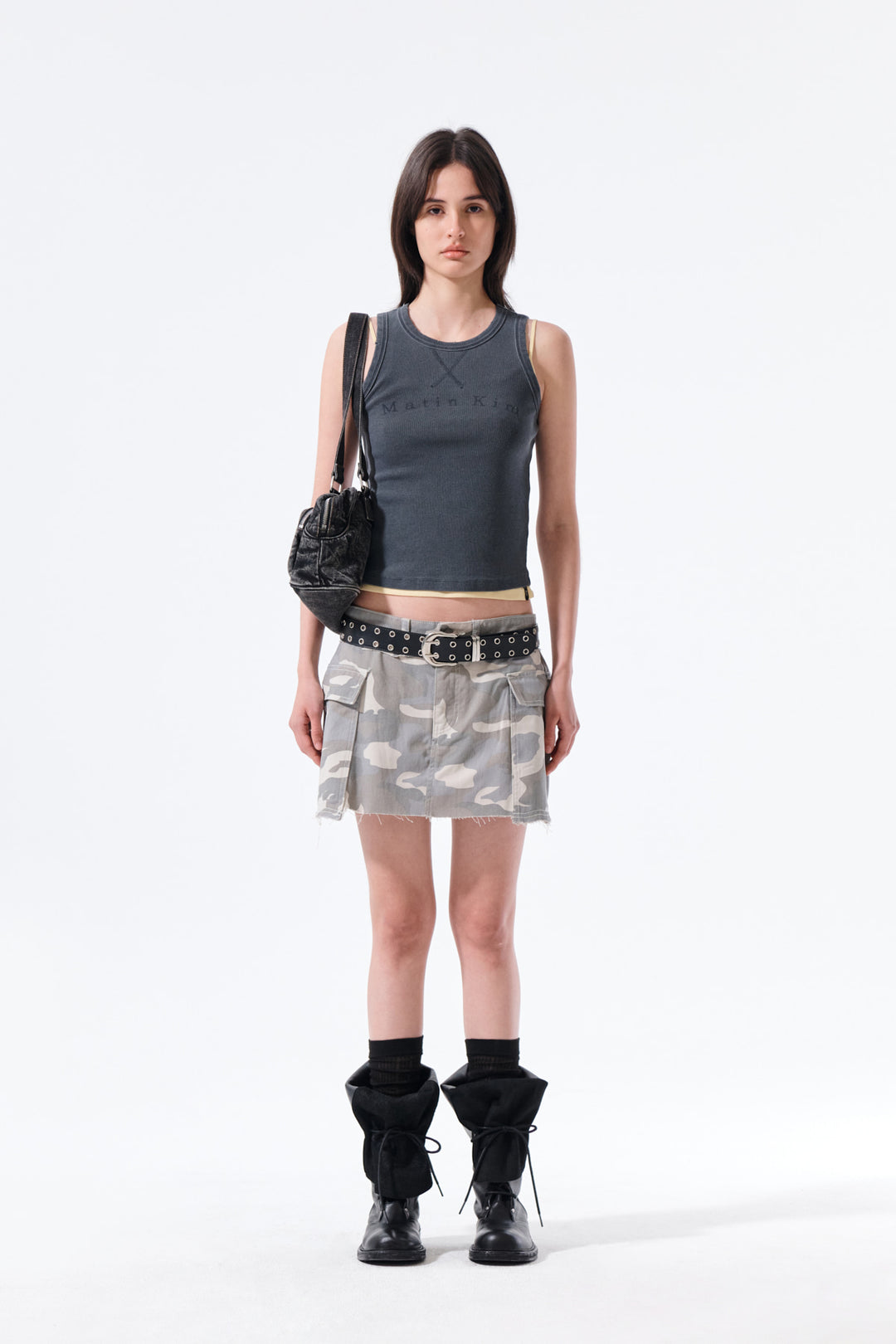 Matin Kim Cargo Mini Denim Skort — Beige