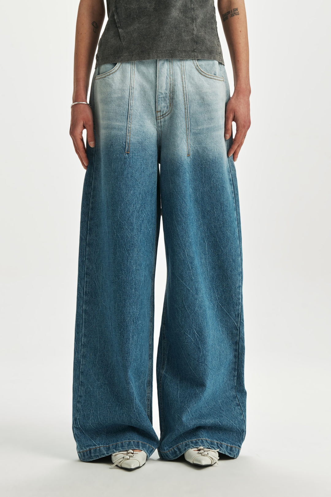 KIMMATIN Pintuck Wide Denim Pants — Light Blue
