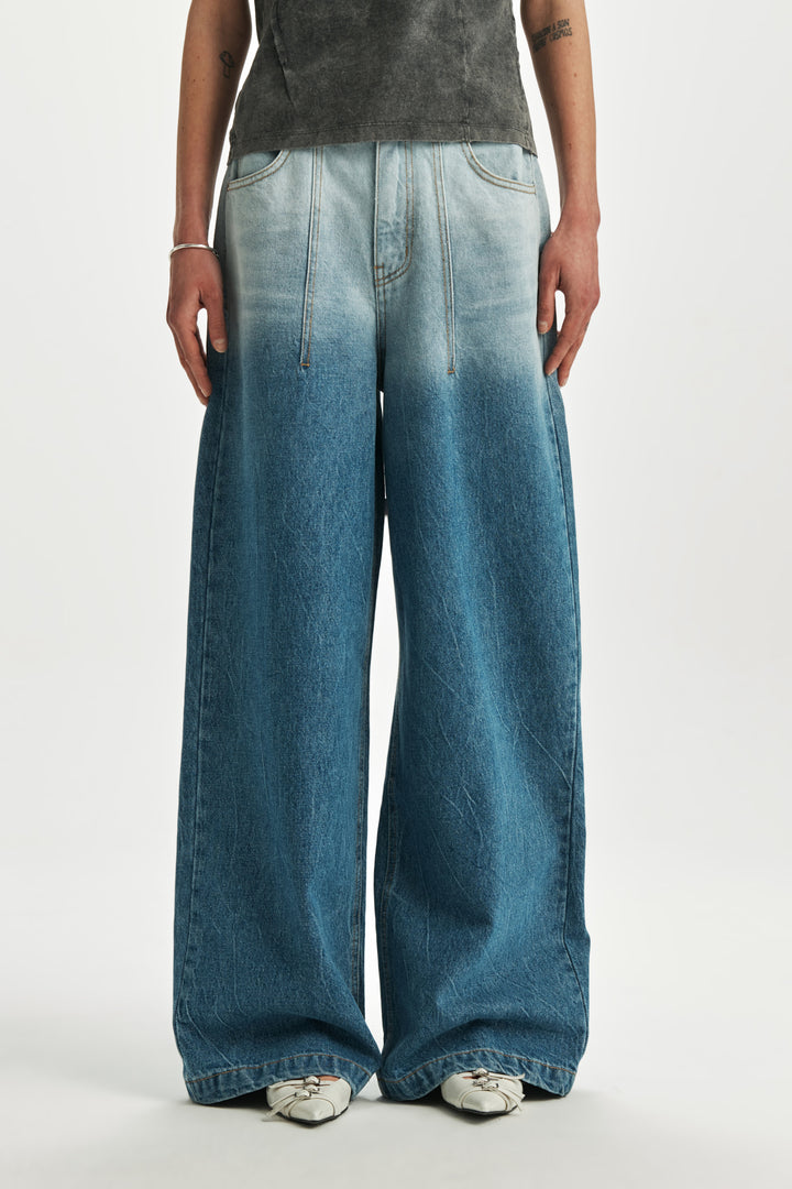 KIMMATIN Pintuck Wide Denim Pants — Light Blue