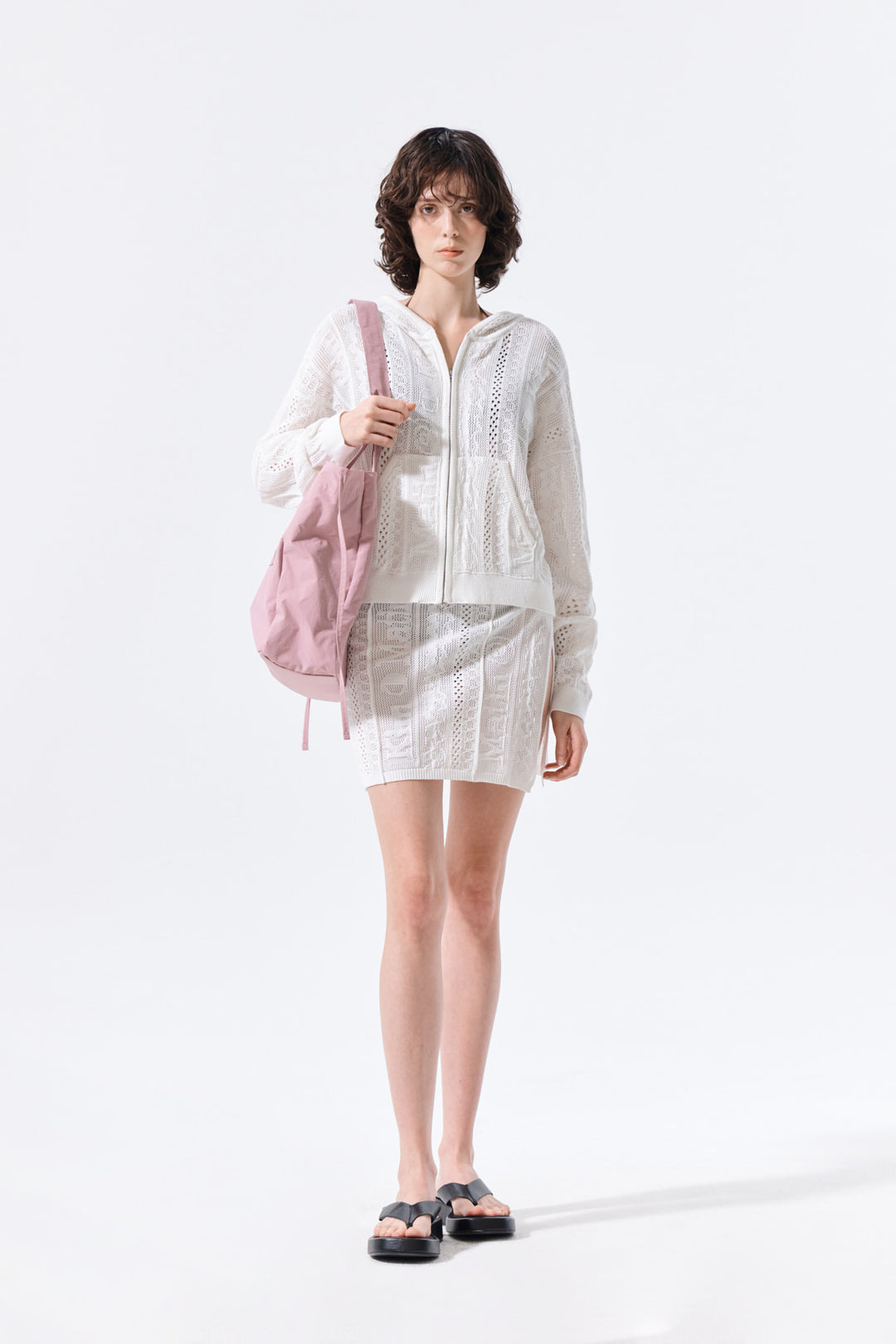 Matin Kim Mesh Logo Knit Zip Hoody — White