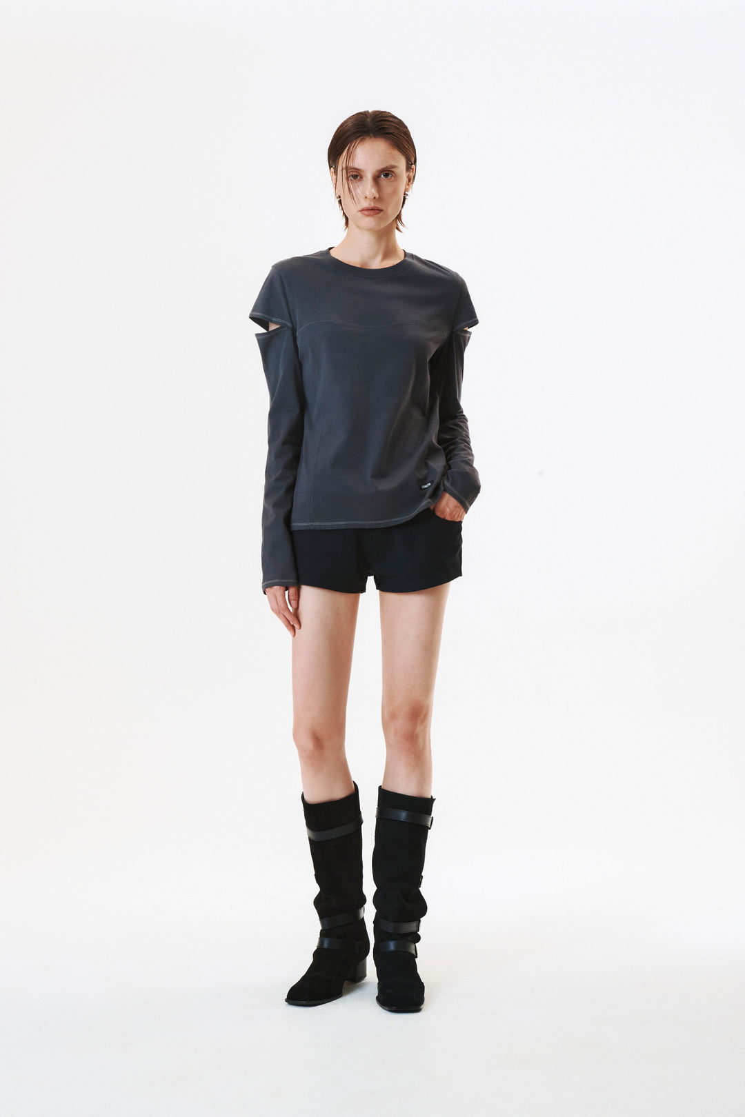 KIMMATIN Stitch Cut Out Long Sleeve Top — Charcoal