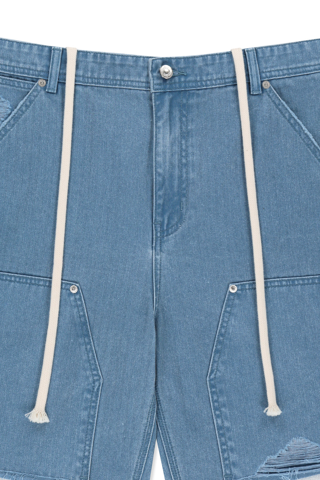 Matin Kim Herringbone Raw Cut Denim Shorts — Light Blue