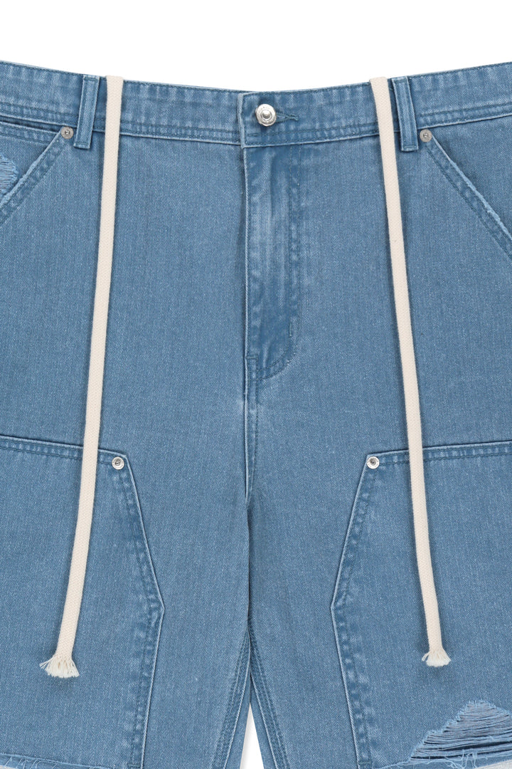 Matin Kim Herringbone Raw Cut Denim Shorts — Light Blue