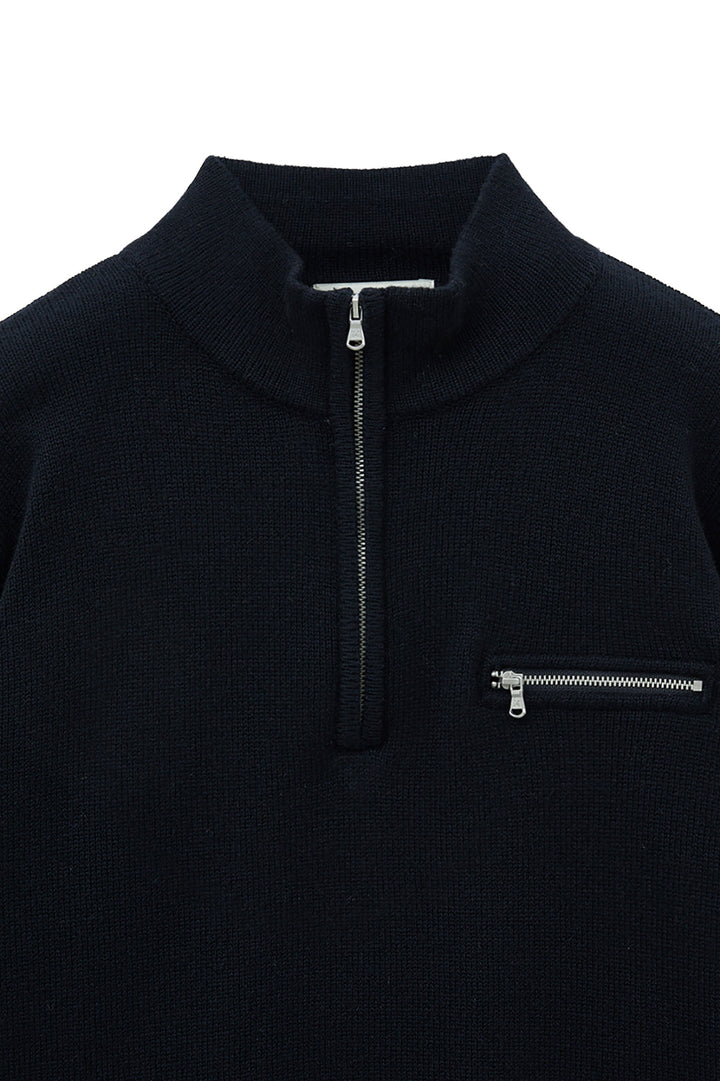 Matin Kim Back Logo Half Knit Zip Pullover — Navy blue