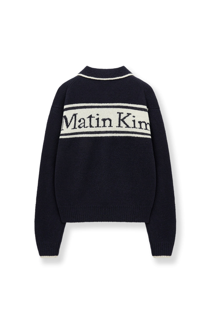 Matin Kim Back Logo Collar Knit Top — Dark Navy
