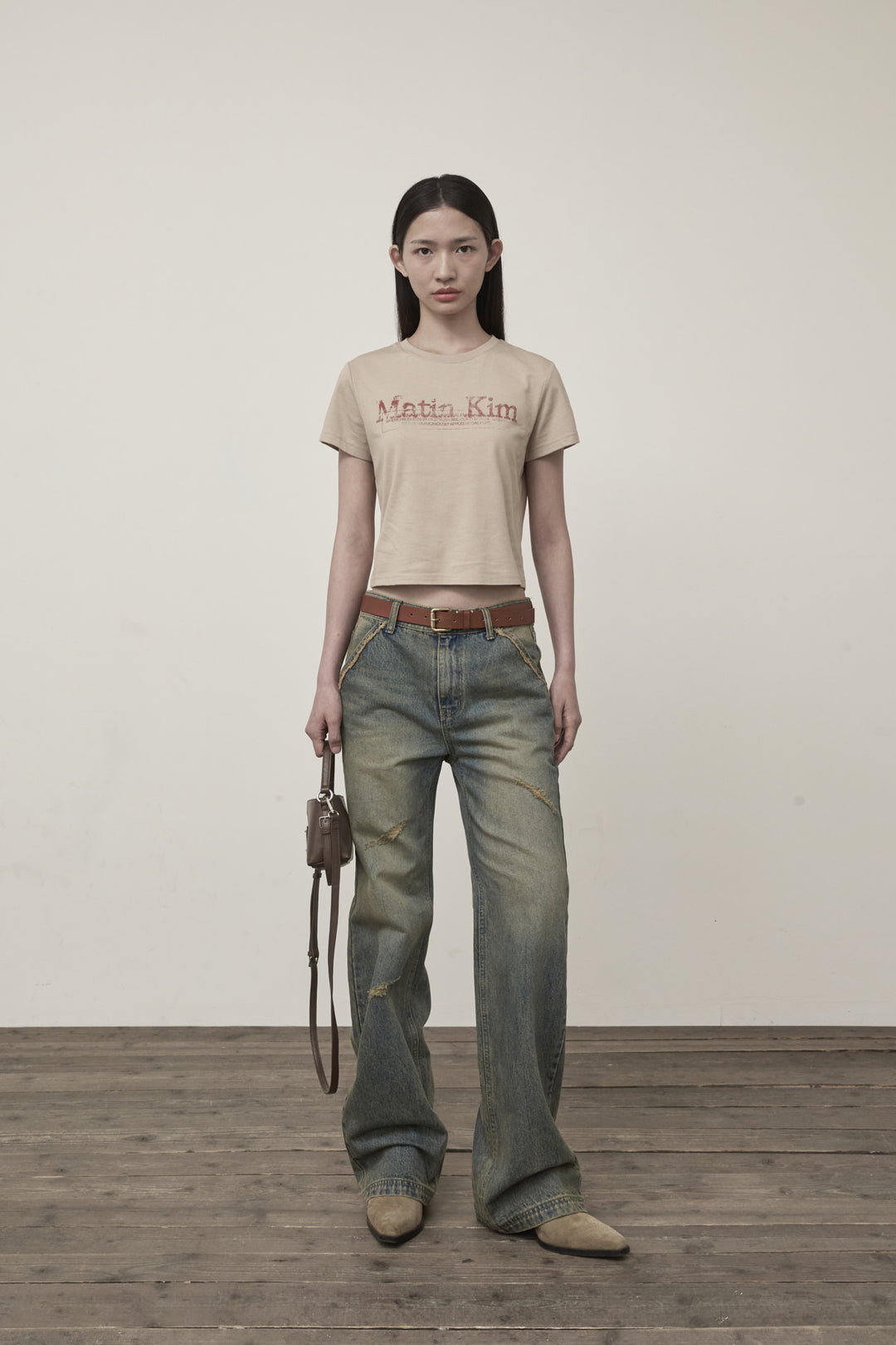 Matin Kim Stamp Logo Graphic Crop Top — Beige