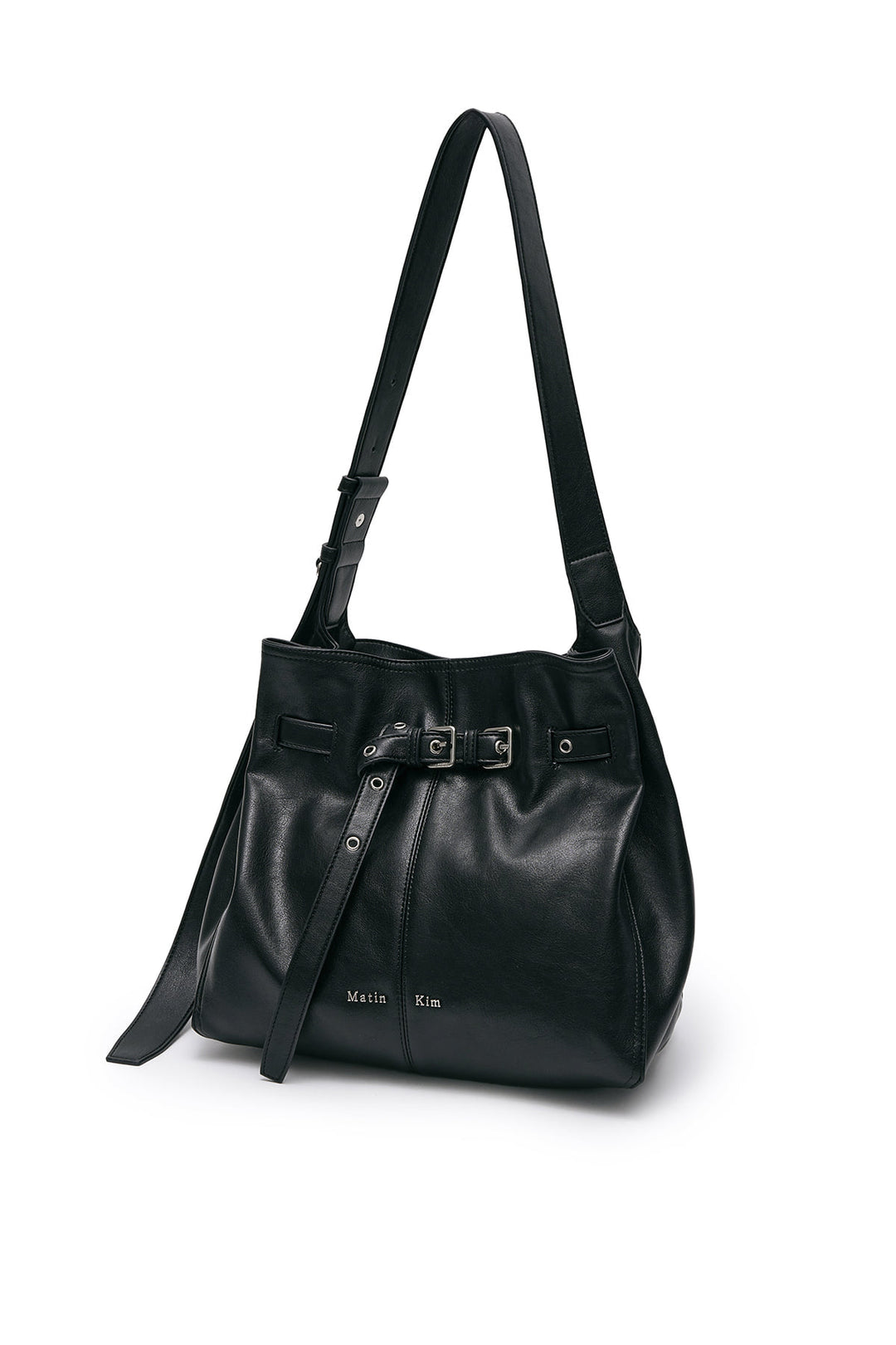 Matin Kim Belted Volunn Mid Bucket Bag — Black