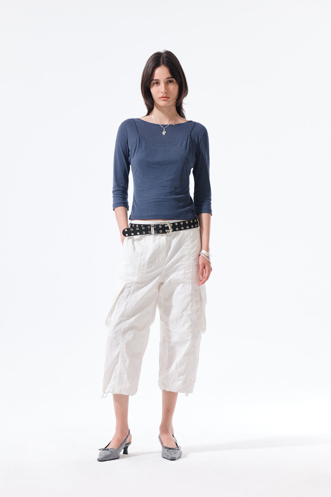 Matin Kim 3/4 Sleeve Layered Tank Top in Smoke — Blue