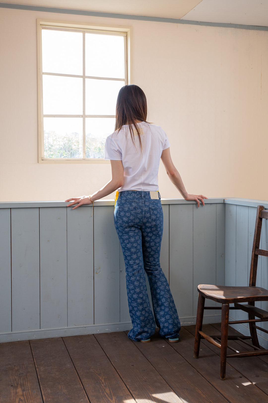 Matin Kim Flower Pattern Flare Denim — Blue