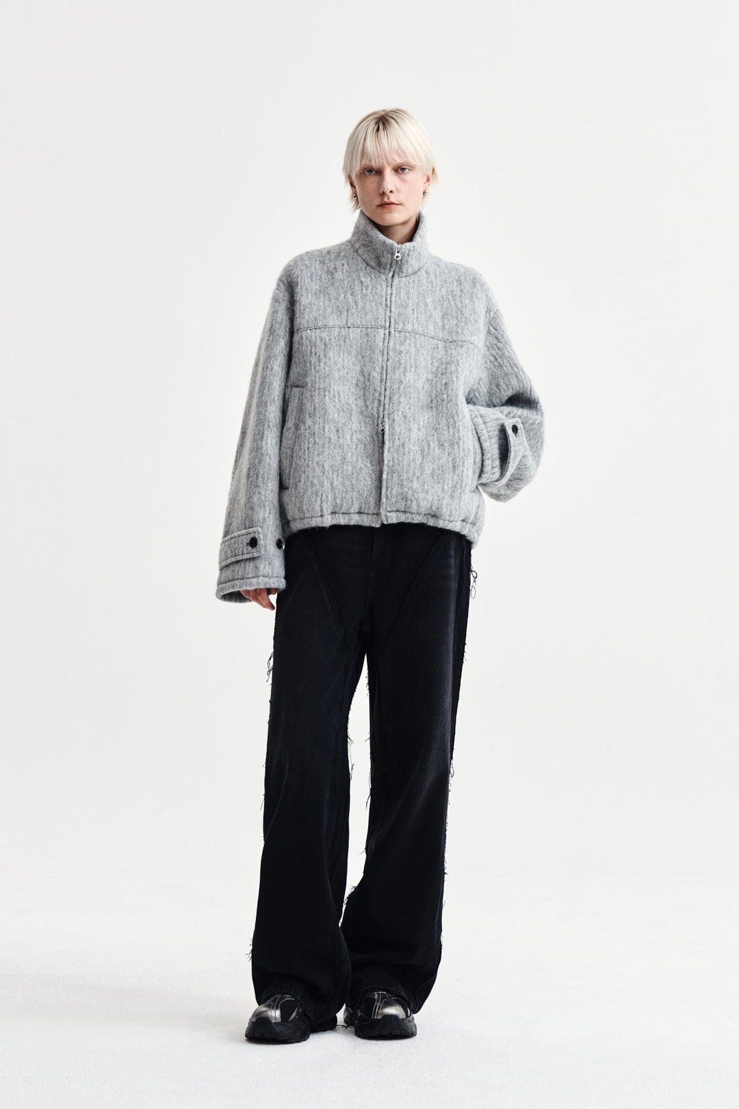 Matin Kim Hairy High Neck Zip Up Jumper — Light Grey