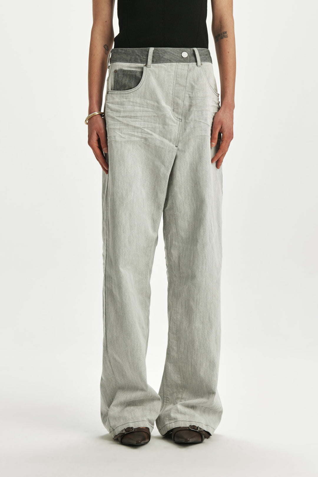 KIMMATIN Deconstruction Wide Denim Pants — Light Grey