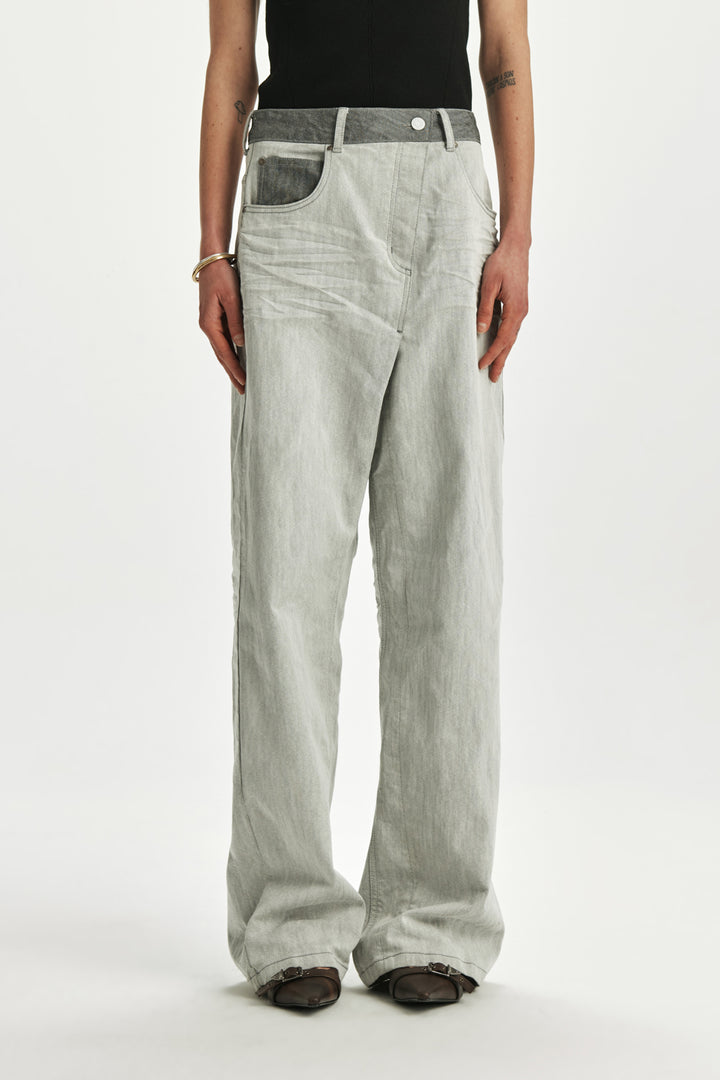 KIMMATIN Deconstruction Wide Denim Pants — Light Grey