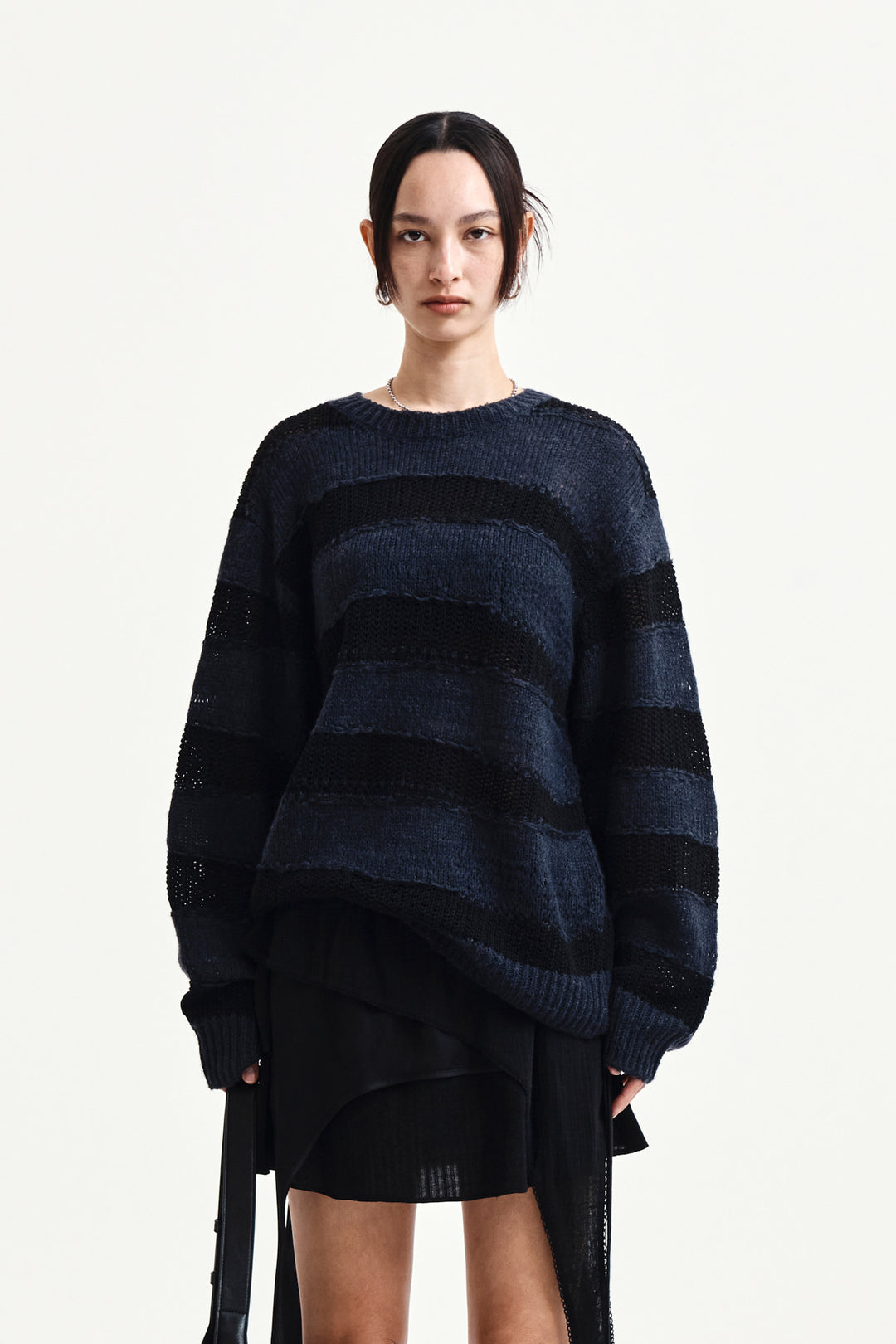 Matin Kim Texture Block Stripe Knit Pullover — Navy blue